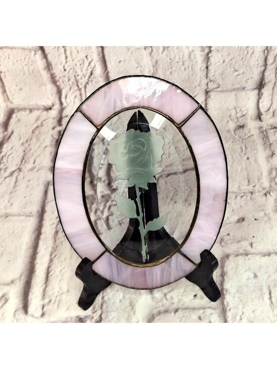 None Other - Vintage Stained Glass Sun Catcher Edged Rose Wall Hanger Pink & Clear 8 x 5.5in